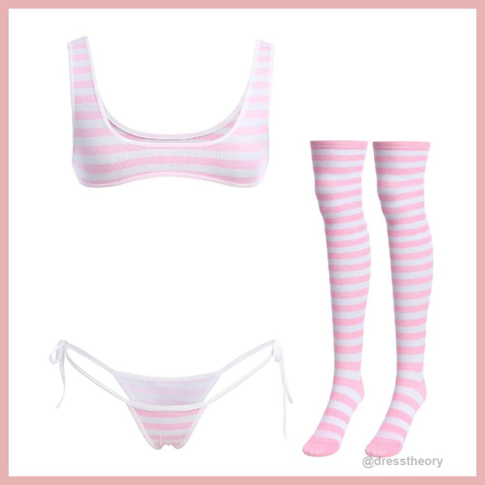 Kawaii Anime Lingerie Set with Garter Belt & Stockings, One Size